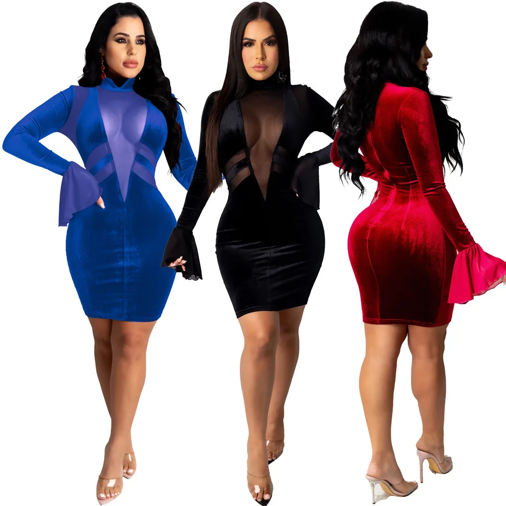 

Sexy mesh patchwork velvet high neck flared long sleeve dress sexy see through ladies nightclub dress