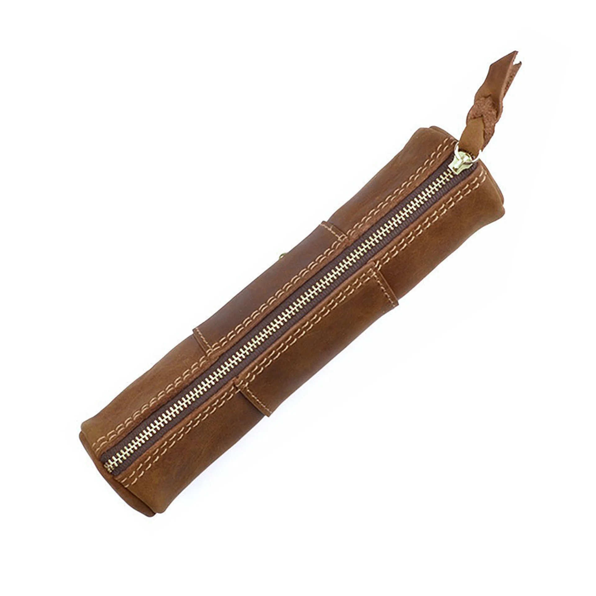 AIGUONIU Genuine Leather Zipper Pencil Case Handmade Vintage School Stationery Supplies Pen Bag Storage Pouch