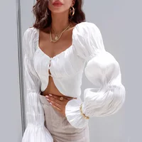 

Autumn Fashion Pleated Long Lantern Sleeve Lurex Shirt Irregular Navel Bare Crop Tops Women Single Breasted Blouse