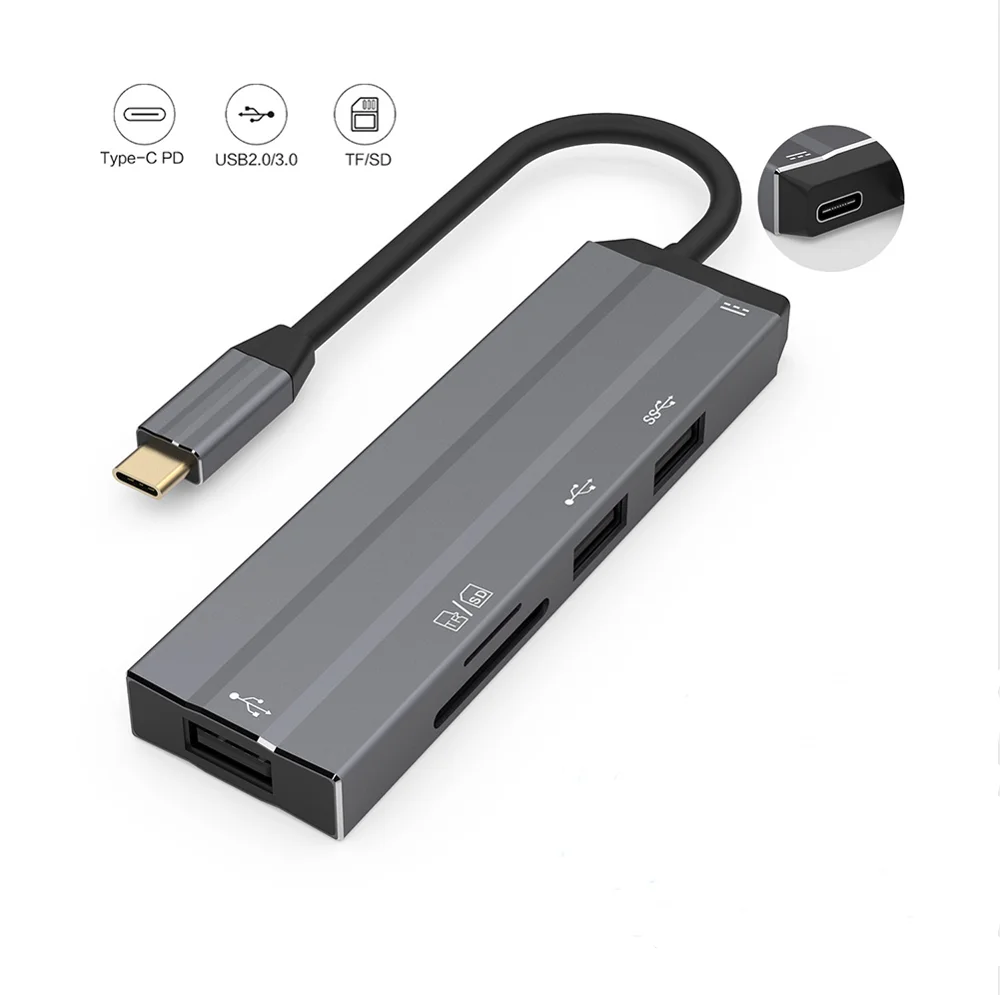 

6 in 1 Multi USB Data Hub USB C Hub With SD TF Card Reader 3*USB-A PD Charging Hub for Macbook iPad and Type C Windows Laptop