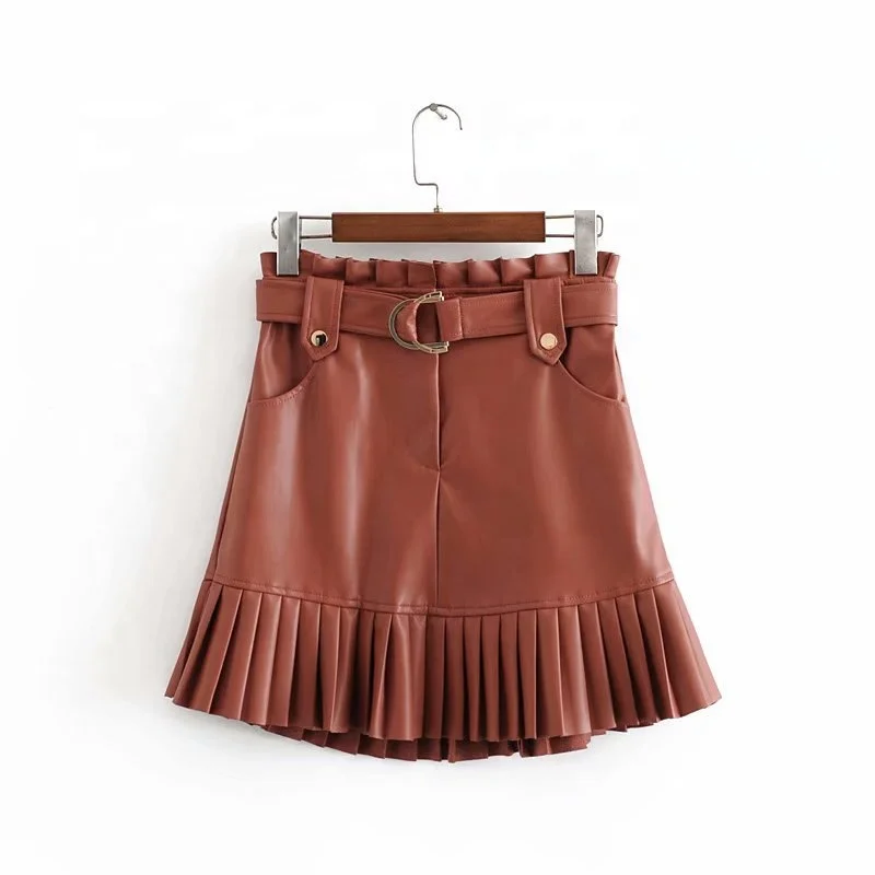 

B51301A New arrivals European style ladies pleated leather fashion mini skirt