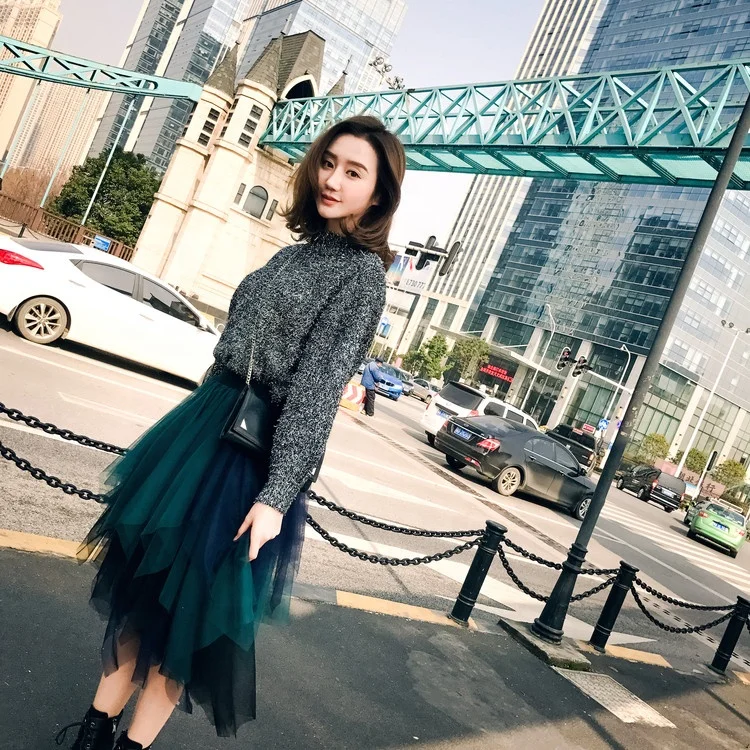 

B61470A Summer 2019 new multi-layer multi-color medium length patchwork irregular mesh skirt