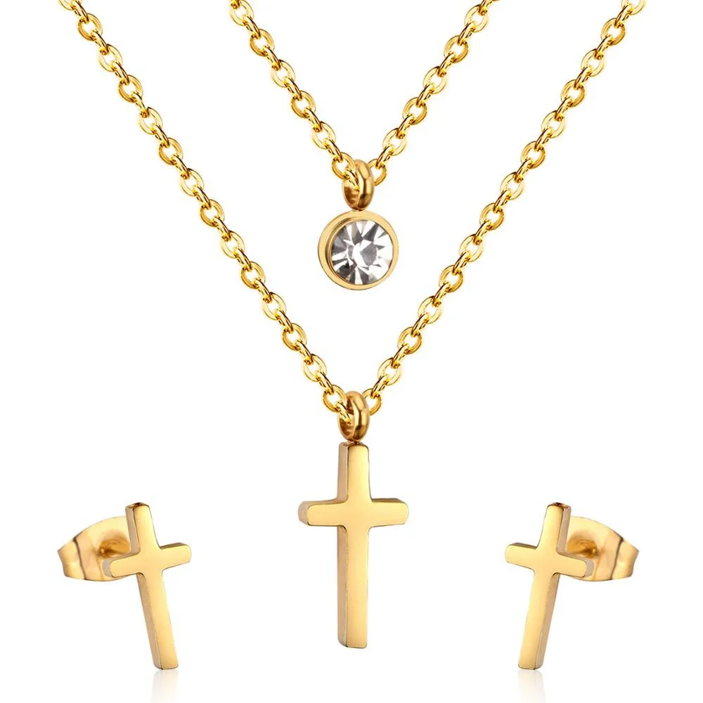 

Free Chain Stainless Steel Double CZ Pendant Golden Cross Necklace Earring Sets Jewelry, Original stainless steel