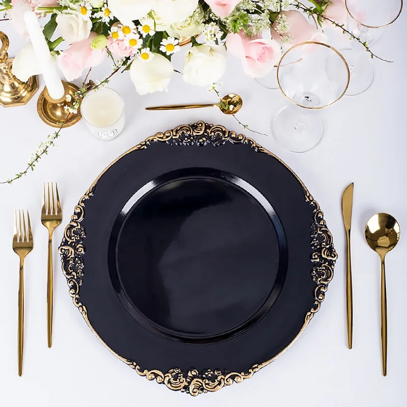 

13 inch silver white rose gold black charger plates dinner plastic wedding charger plate glass luxury clear charger plate, Customized color