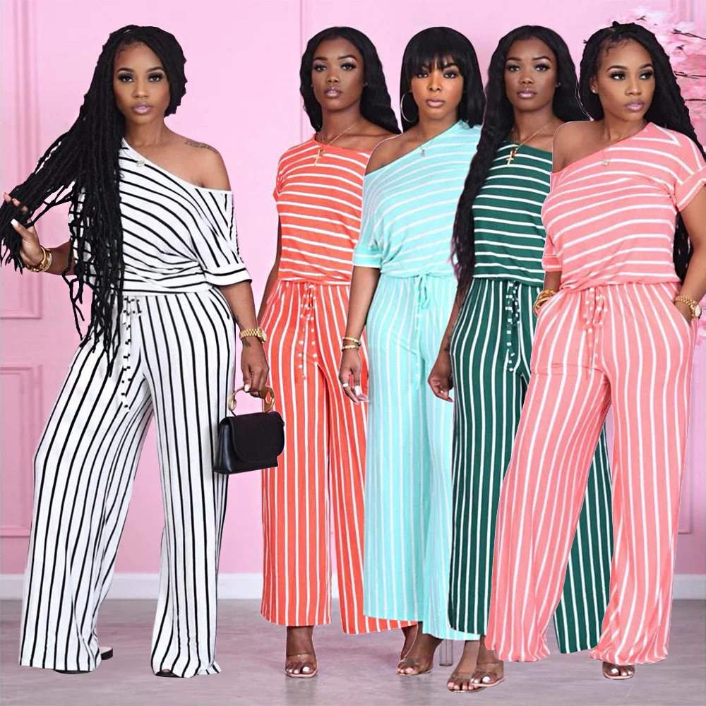 

Hot sale fashion striped jumpsuits off the shoulder women wide leg pants summer elegant outfits, 5 color as picture