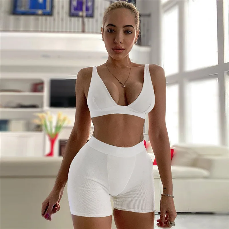 

YD - 08 In stock fashion two piece yoga sets v-neck fitness sportswear women yoga set shorts solid color yoga set