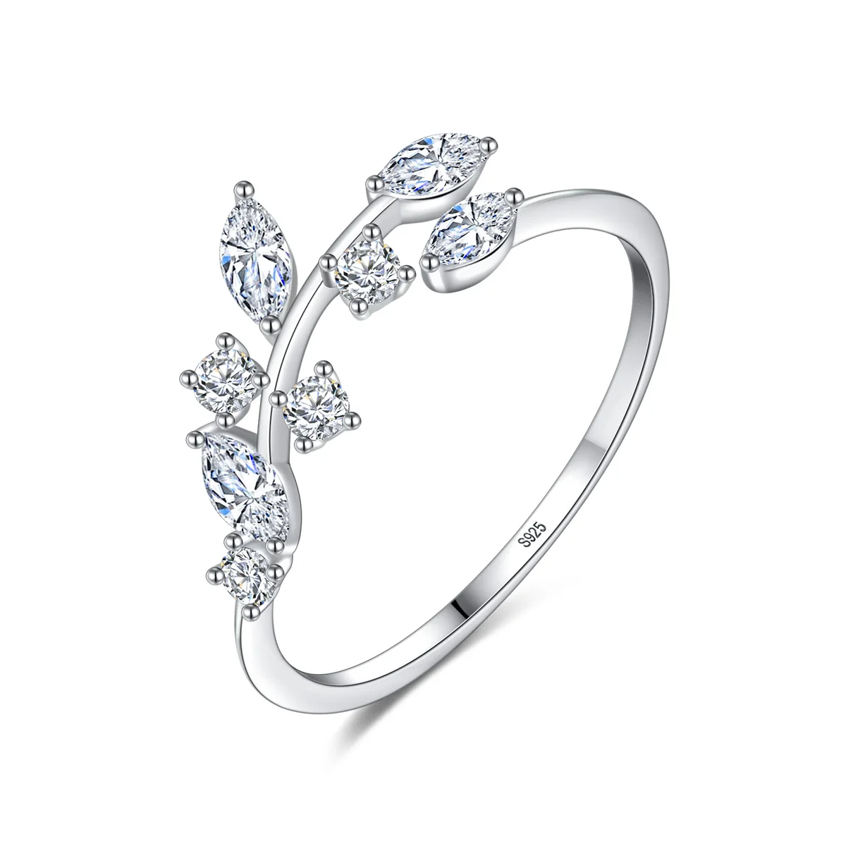 CZCITY Cubic Zirconia Rings Women Silver 925 Material Tree Leaf Shape Girls Small CZ Ring