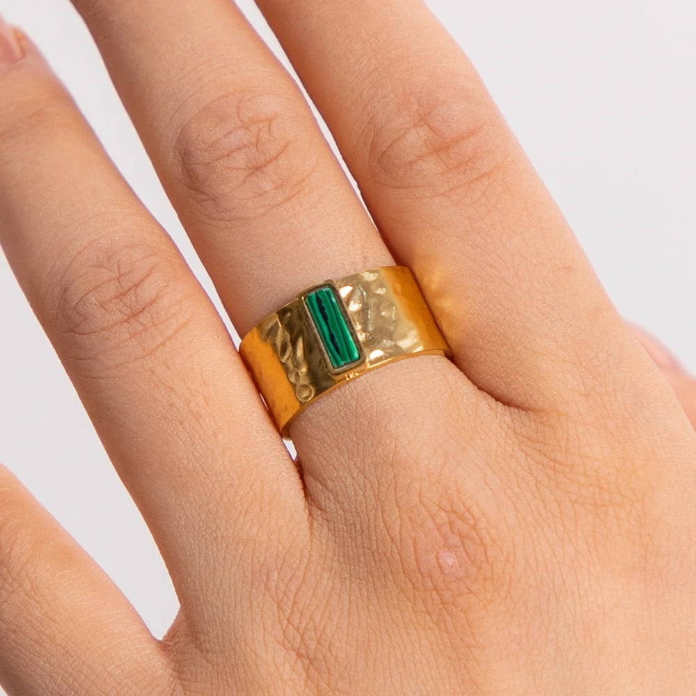 

Waterproof 18K Gold-plated Stainless Steel Jewelry Wide Chunky Square Malachite Stone For Women