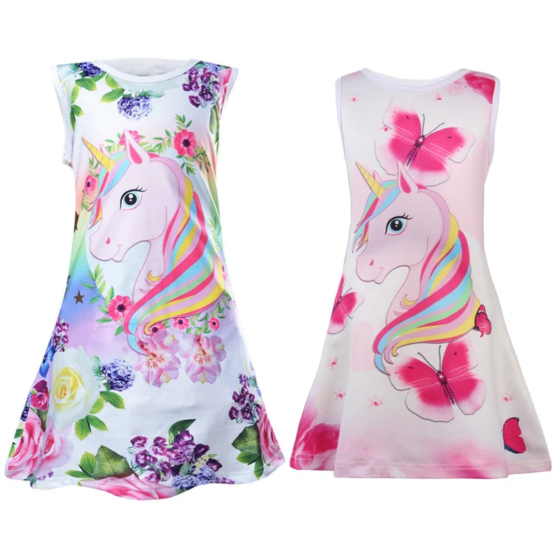 

2021 New Girl Summer Butterfly Unicorn Print Baby Girl Dress Party Sleeveless Princess Christmas Dress
