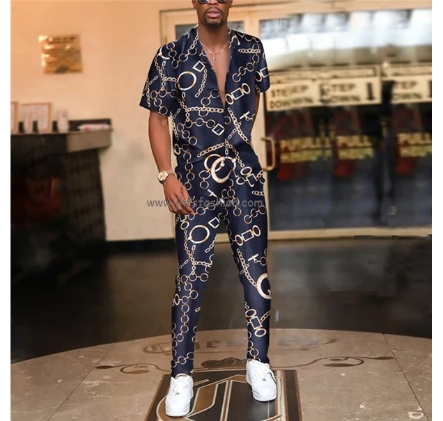 

J&H men clothing summer 2021 high quality plus size men's pants & trousers with shirt printed casual sets, 3 colors as picture