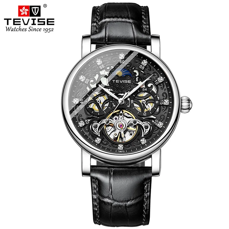 

Hot Products Fashion Genuine Leather Moon Watch Skeleton Tourbillon Wristwatches Automatic Mechanical Watches For Men, Optional