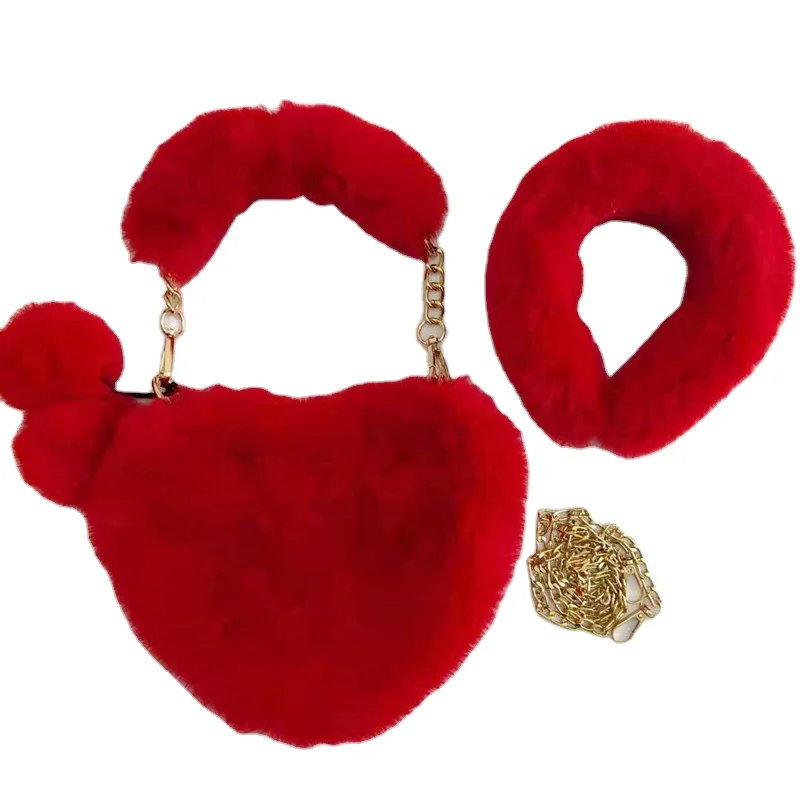 

2021 new female designer fashion handbag cute plush heart hair bag female plush love chain handbag, Customizable