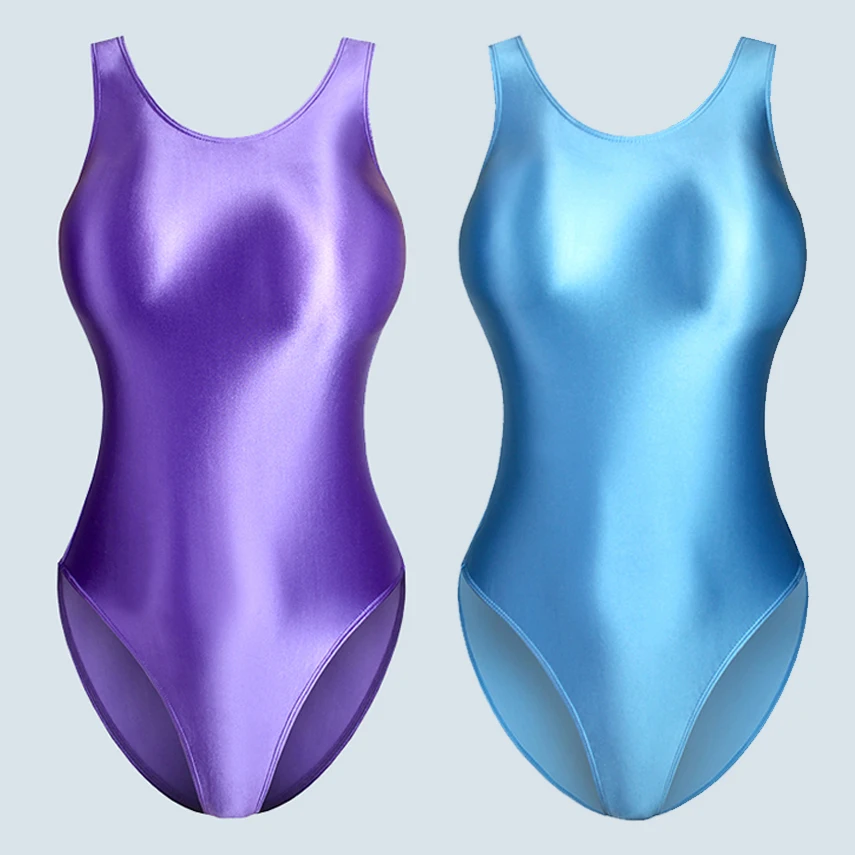 

Japanese Satin Glossy Shiny Crotchless One Piece Swimsuit Sexy High-Cut Bikini Briefs Body Suits Silky Smooth Women Swim Wear, 14 colors