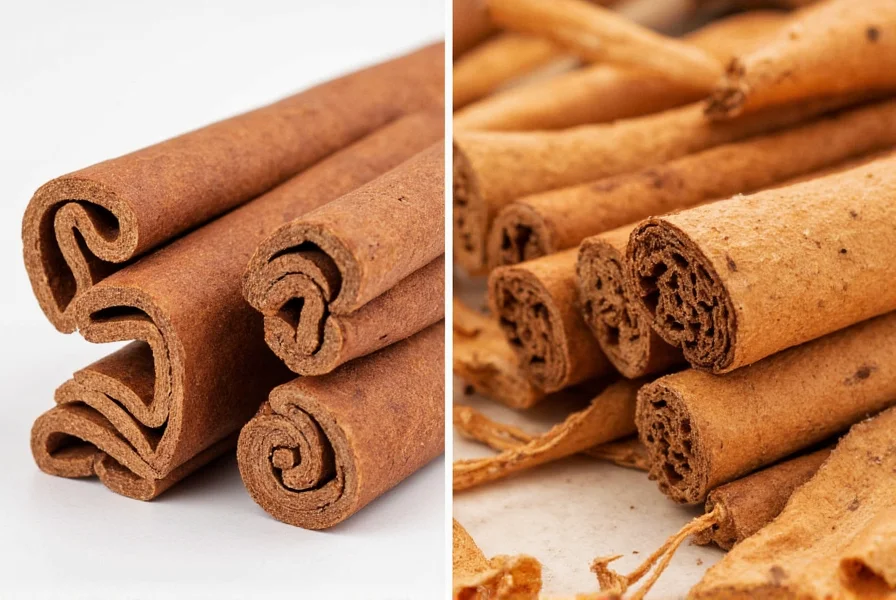 Close-up comparison of Ceylon cinnamon sticks versus Cassia cinnamon bark showing the thinner, layered structure of Ceylon versus the thicker, harder Cassia bark