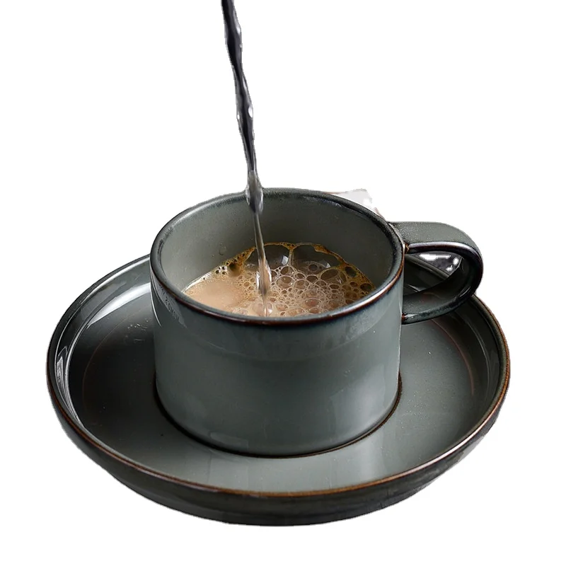 

Hot Sale Japanese Retro Ceramic Coffee Cup and Saucer Set Creative Coffee Mug Afternoon Tea Office Mugs Wholesale, Bronze,coffee brown,cement gray,rain bluemisty-rain color