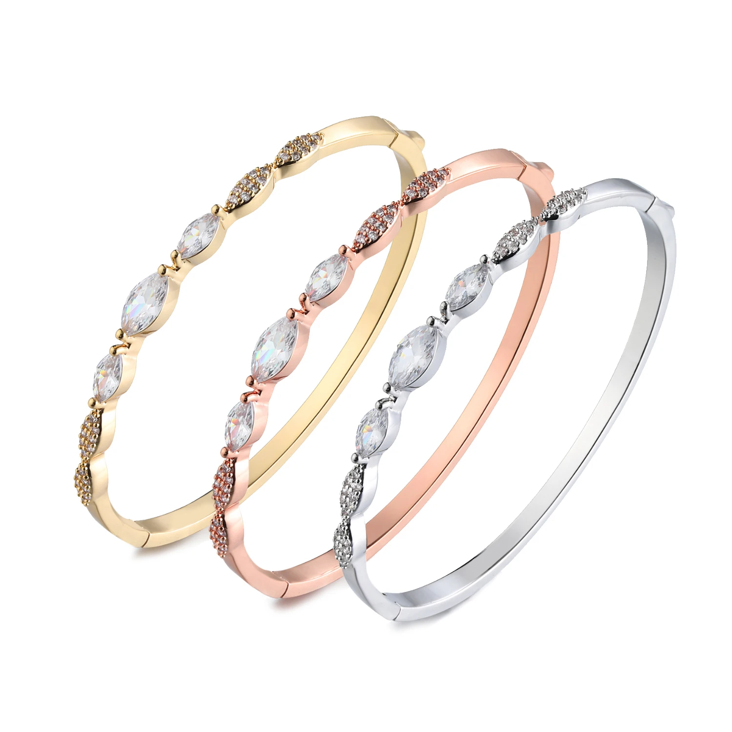 

OB High Quality Copper Jewelry Real Gold Plated AAA Clear Zircon Oval Bangle For Women