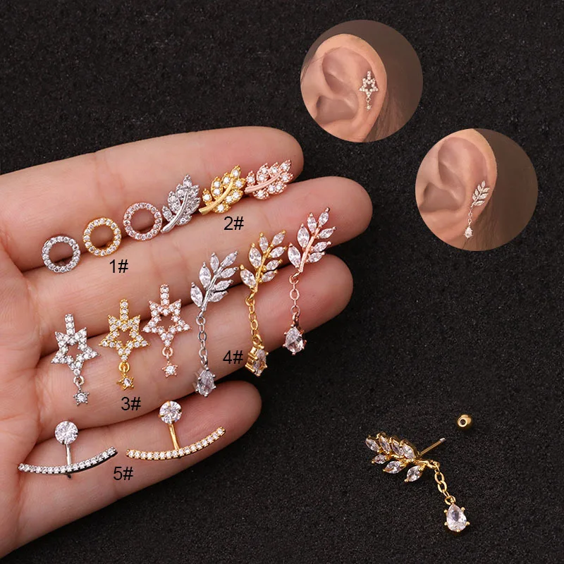 

Hot sale Silver Gold Circle Leaves smile Various Shape Steel Barbell CZ Helix Piercing Jewelry Rook Conch Tragus Screw Back Stud