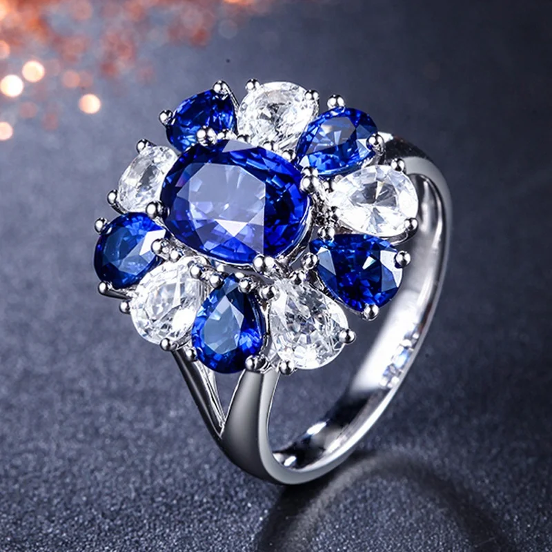 

Luxury Exquisite Flower Shaped Wedding Ring Silver Plated Blue White CZ Zircon For Women Wedding Jewelry Gift