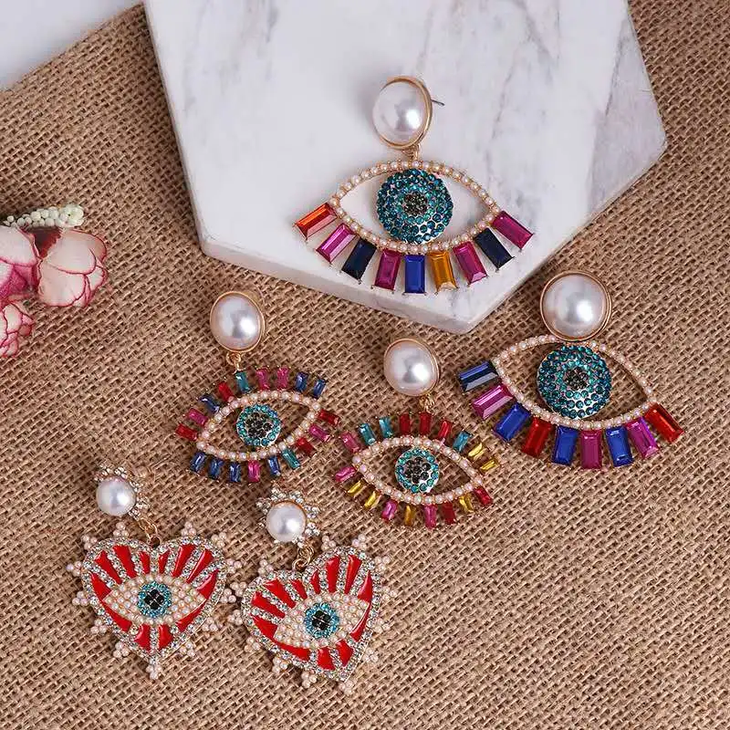 

2020 Fashion Vintage Cute Rainbow Crystal Rhinestone Pearl Seed Beaded Eye Drop Earrings Women Jewelry, Picture shown
