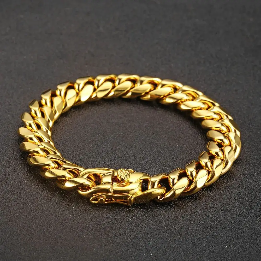 

10mm-18mm Punk Hip Hop Jewelry Miami Cuban Link Bracelet Mens 14k 18k Gold Plated Stainless Steel Curb Bracelet