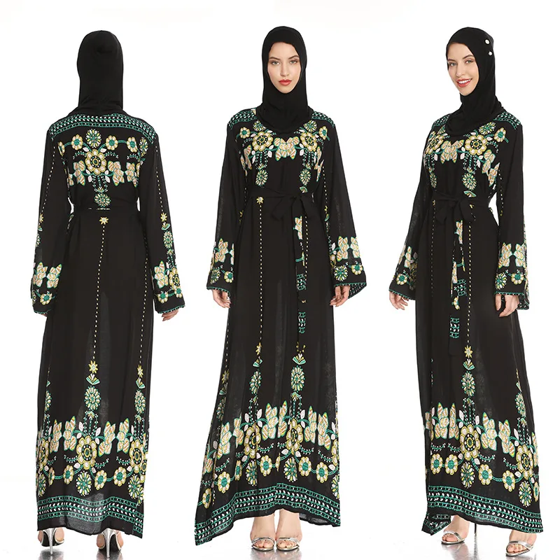 

new arrival black chiffon maxi embroidery print muslim ethiopian dress women abaya cardigan clothing abaya, Customized color