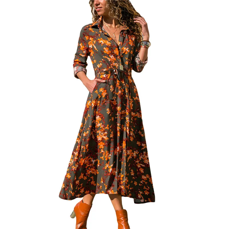 Wholesale 2019 Spring And Autumn New Women's Casual Dress Lapel Long Sleeve Floral Chiffon Women Shirt Dress