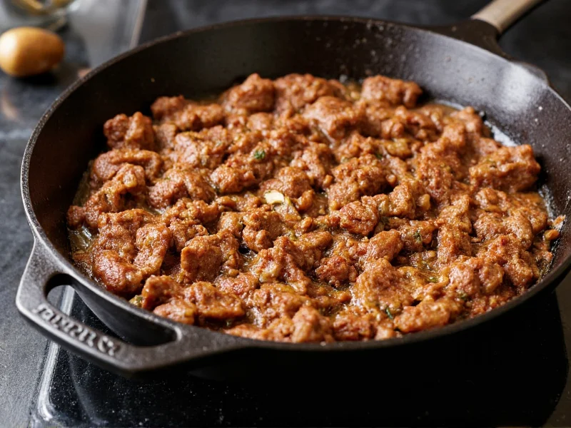 Freshly seared taco meat with spices in cast iron skillet