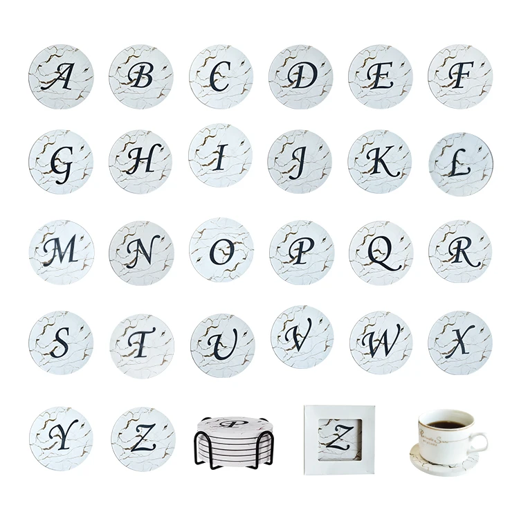 

Free Sample Fast Delivery Round White Marble Pattern Letter Design Printing Wine Bottle Ceramic Coaster Set