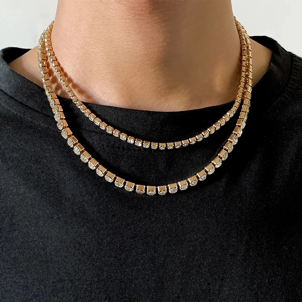 

New fashion jewelry men women hip hop diamond tennis clavicle choker necklaces double layer gold plated zircon pendant necklace