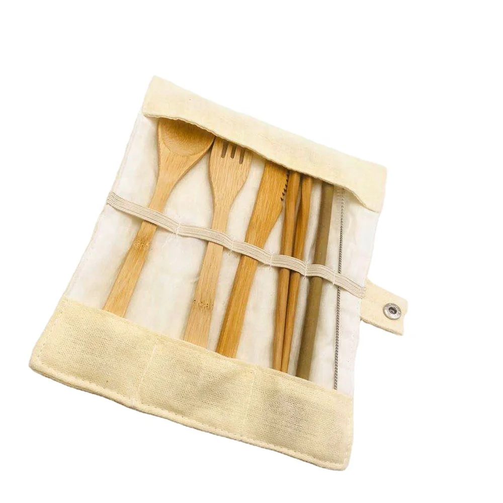 

travel camping reusable bamboo cutlery set spoon fork knife chopsticks straw set with cotton fabric bag, Natural