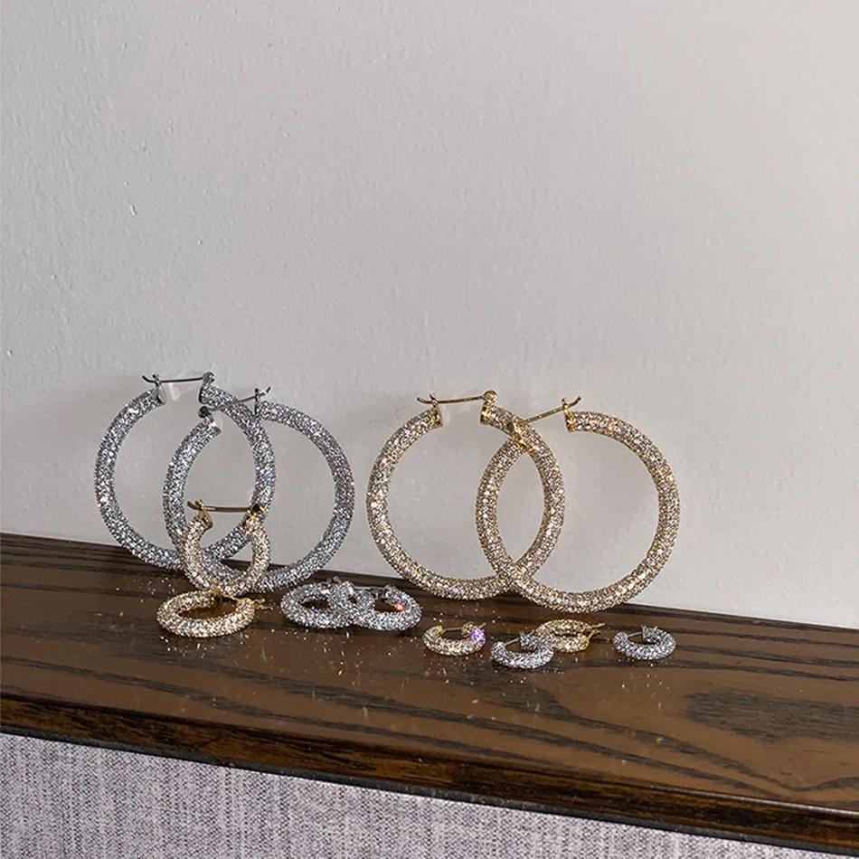 

Wholesale silver women jewelry brass 18k gold plated pave diamond hoop huggie earrings