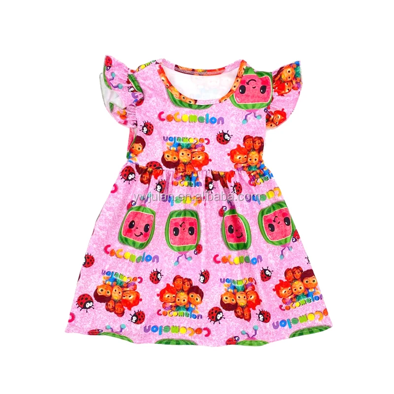 

Wholesale high quality boutique kids clothing milk silk flutter sleeve toddler birthday dress outfit cocomelon dress