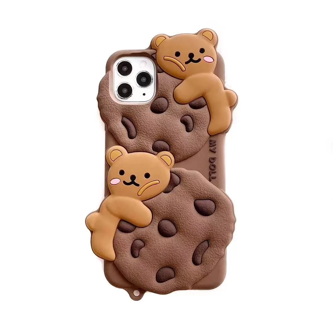 

Super Cute 3D Cookie Biscuit Sleeping Bear Silicone Soft Phone case for iphone 12 with Lanyard, Colors optional