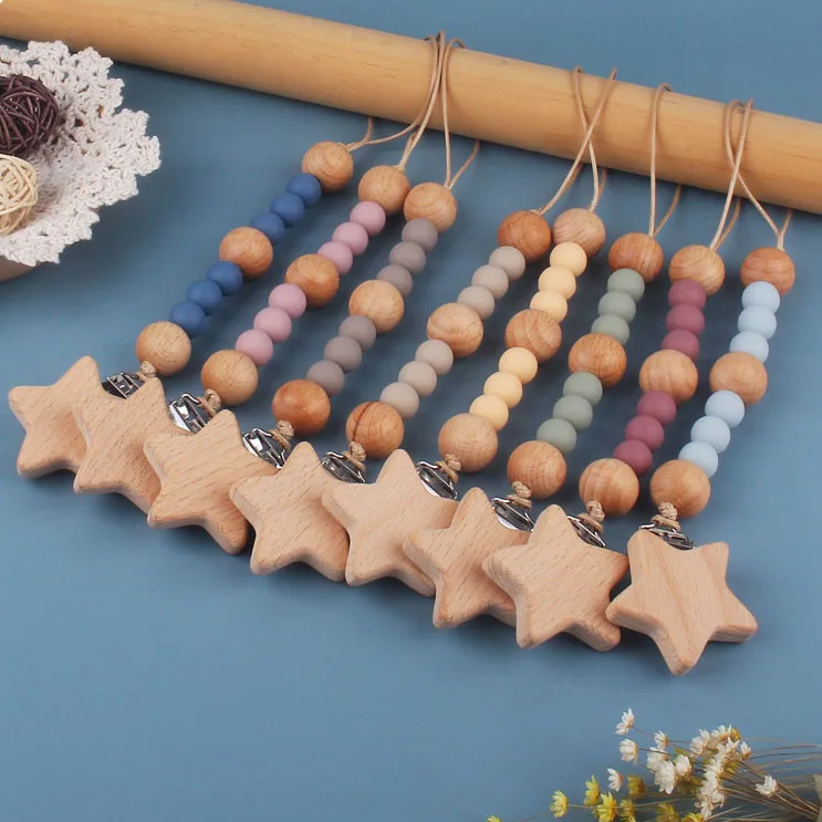 

Wooden Silicone Beads Baby Dummy Pacifier Clips Wood Baby Pacifier Chain With Clips & Holders Baby Feeding Pacifier Chain