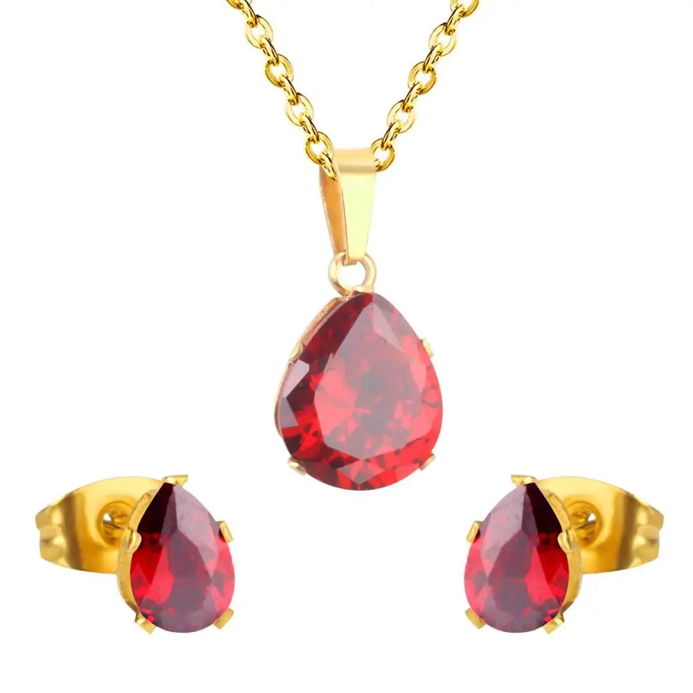 

Jewellery Crystal Bridal Wedding Jewelry Sets Earrings Necklaces Set Women Fashion Water Drop Ruby Jewelry set, Original stainless steel