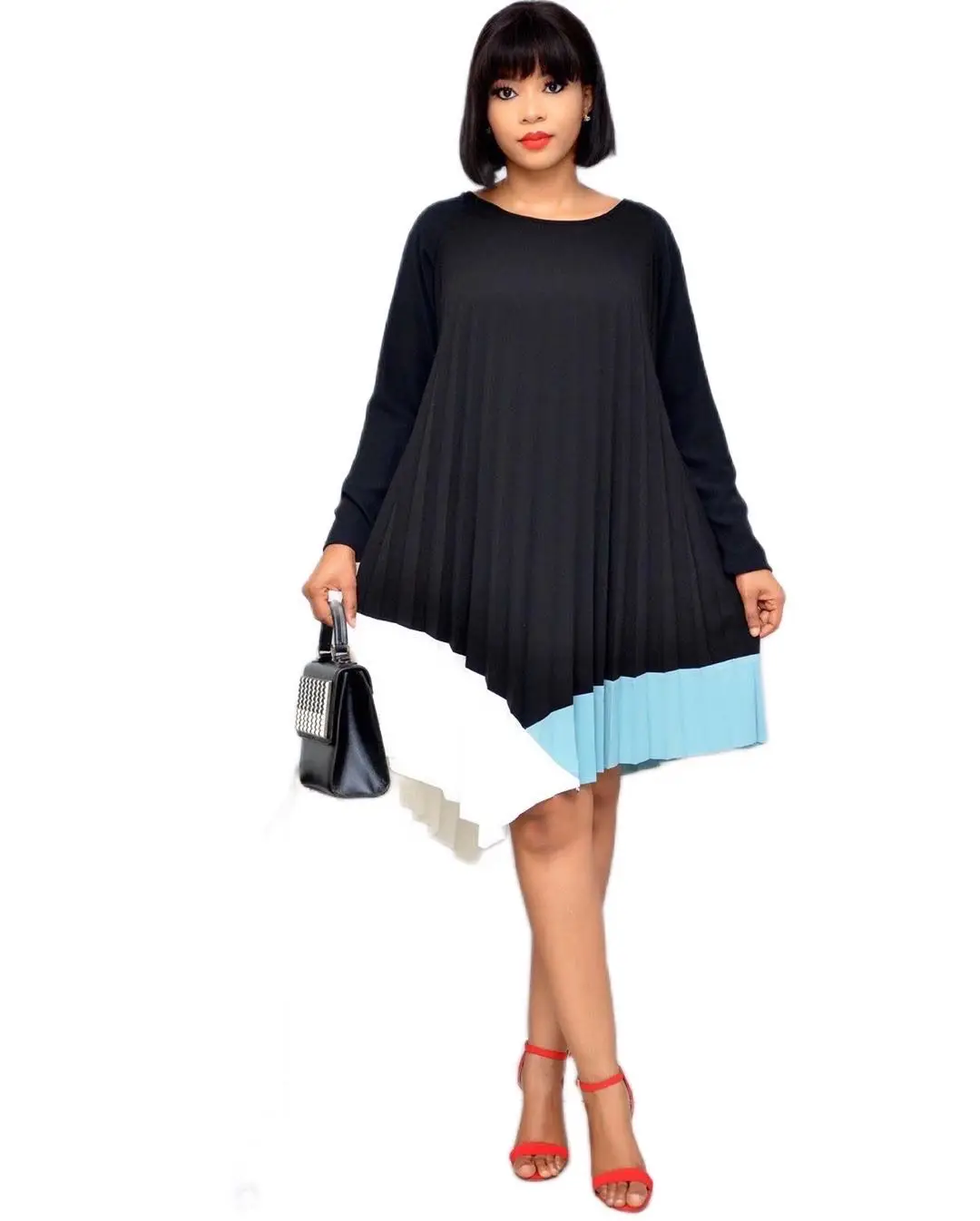 Asymmetrical Pleated Contrast Color A Line Dress For African&american ...