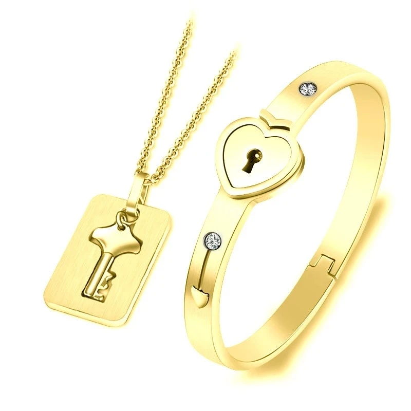 

Fashion Concentric Lock Key Titanium Steel Stainless Steel Jewelry Bracelet Necklace Couple Sets, Gold silver and rose gold