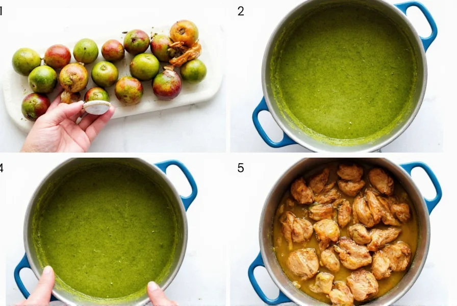 Step-by-step preparation of chicken chili verde showing roasted tomatillos, blended green sauce, and simmering pot with chicken