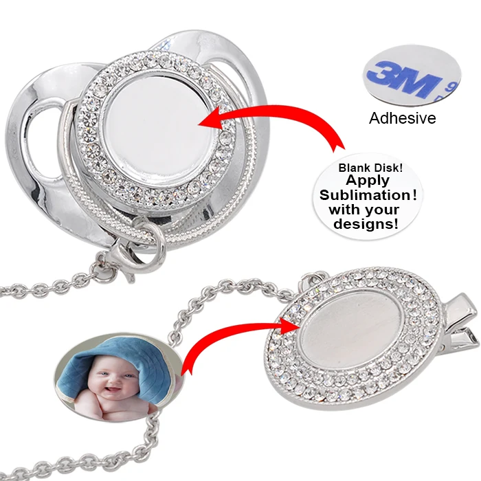 

personalized silver wholesale custom design sublimation bling pacifier blank for baby