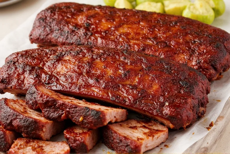 Smoked beef St. Louis style ribs on a wooden board