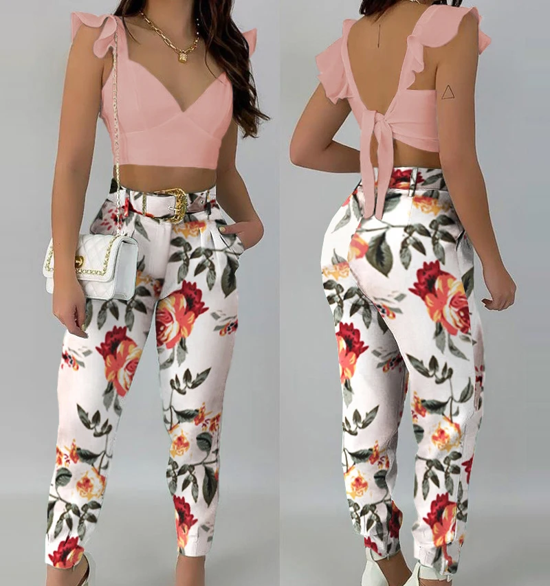 

Caiheng Wholesale Sexy Backless Sleeveless Crop Top Vest And Pants Two Piece Set For Women Clothes