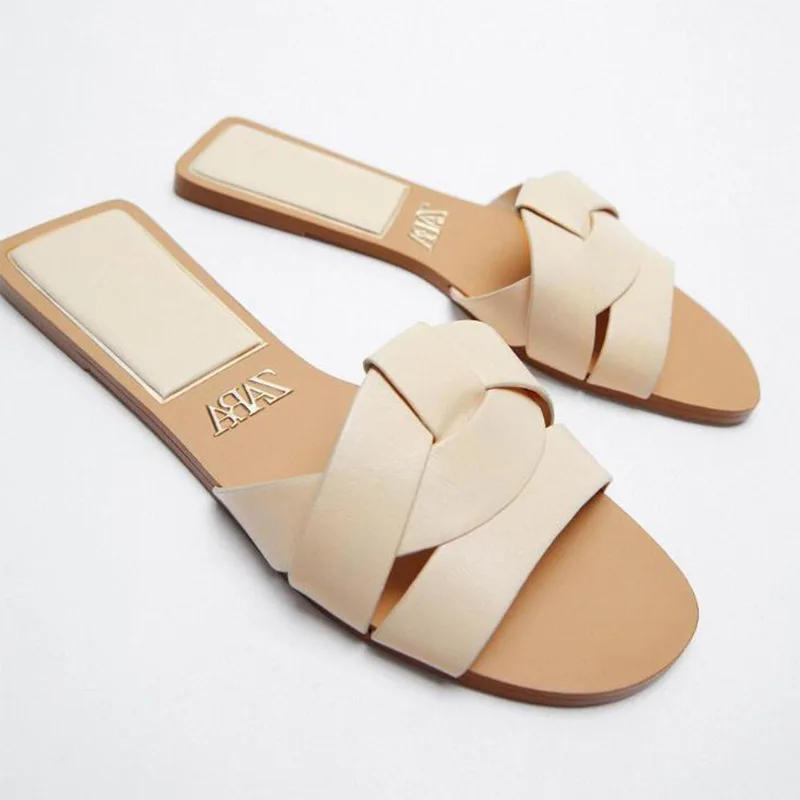 

2021 Europe & American new arrival women's shoes square toe cross flat sandals fashion beach slippers for outer wear, Beige or customized