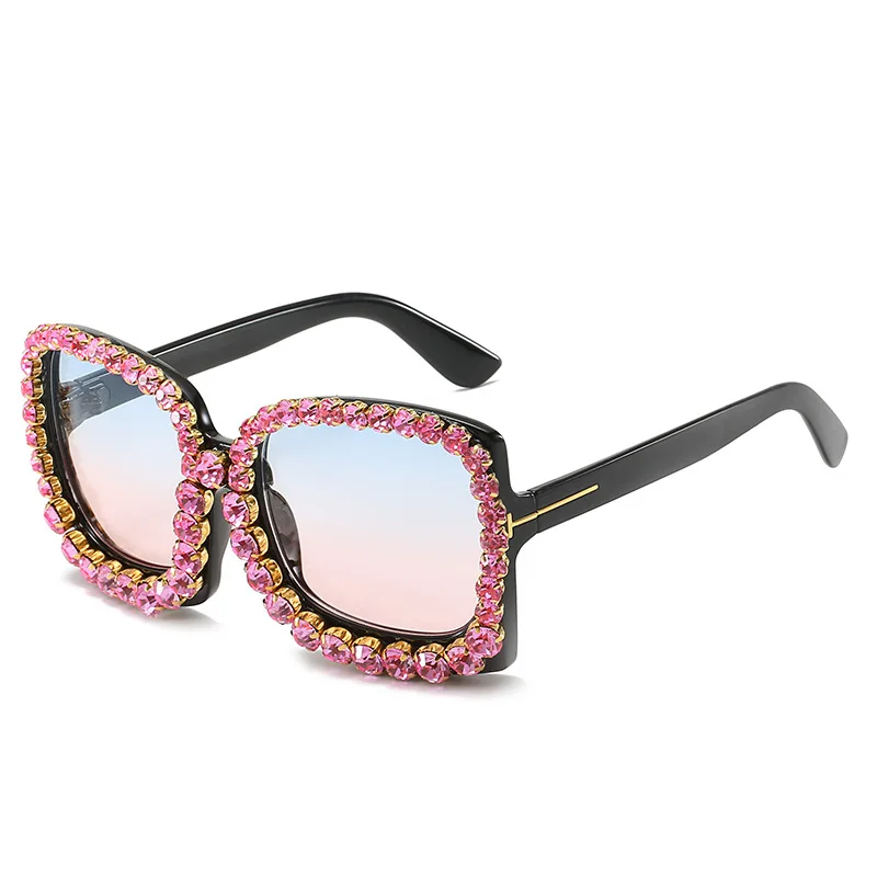 

New Luxury Brand Designer Square Rhinestone Diamond Frames Oversized Sunglasses 2021 Wholesale
