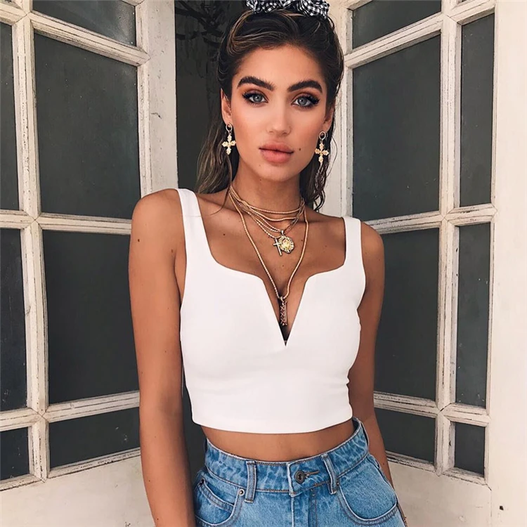 C3450 Sexy Crop Top V-Neck Vest Crop Tops T-Shirts Women Women Tops Blouses And T Shirts