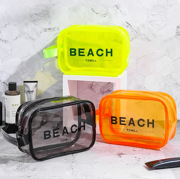 

Waterproof Clear Travel Beauty Tote Makeup Cosmetic Toiletry Pouch Portable Little Beach Neon Bag, 3 colors