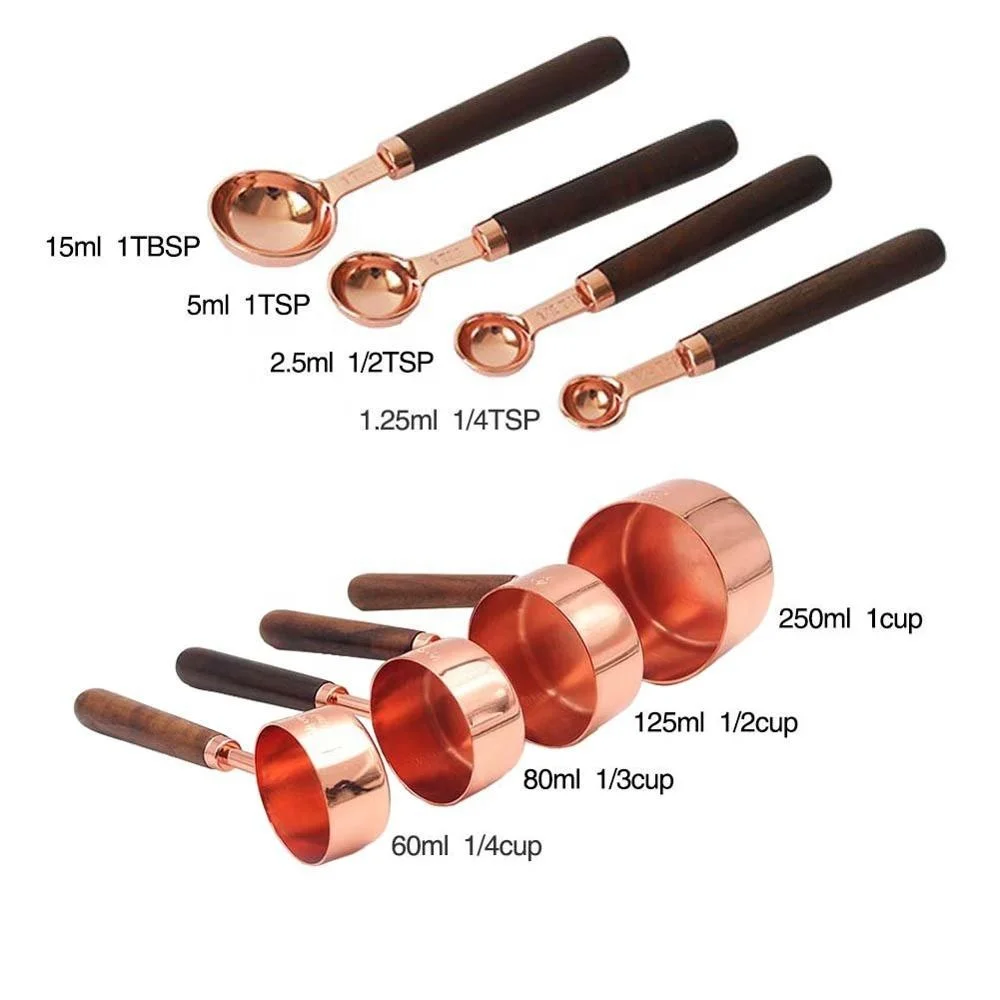 
LOW MOQ Measuring Cups and Spoons Set of 8/Gorgeous Stainless Steel ENGRAVED MEASURING&Heavy Duty with Walnut Handles Premium Copper Stainless Steel Measuring Cups and Spoons Set of 8