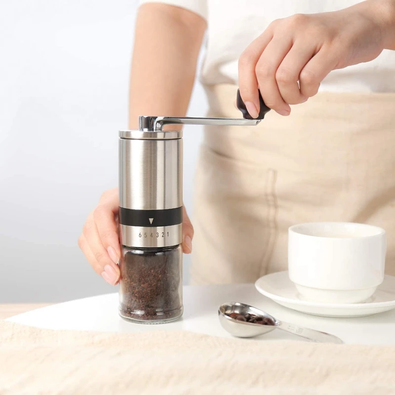 

2021 Home Portable Manual Coffee Hand Coffee Mill with Ceramic Burrs Portable Hand Crank Tools, Sliver