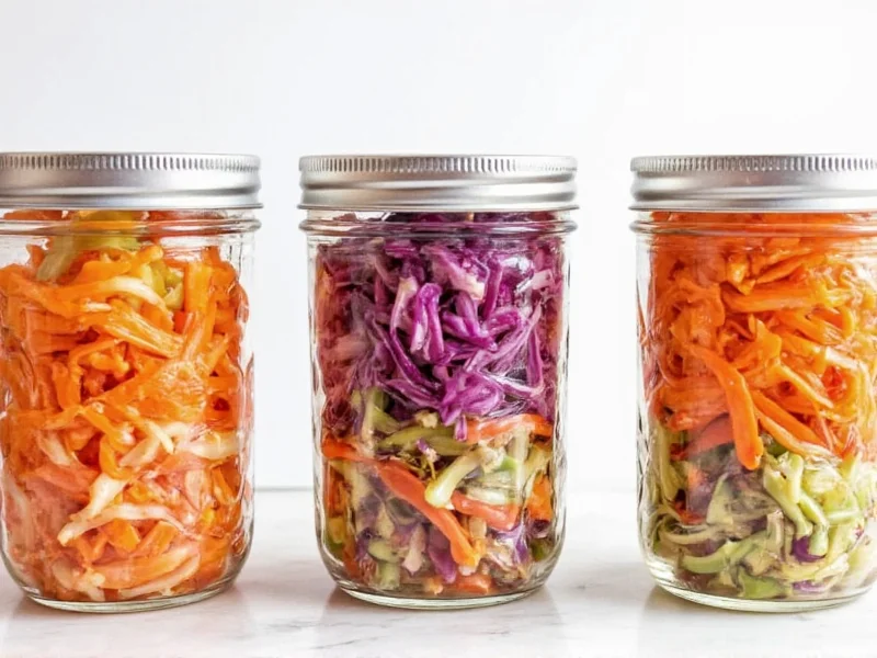 Three coleslaw variations in mason jars for meal prep