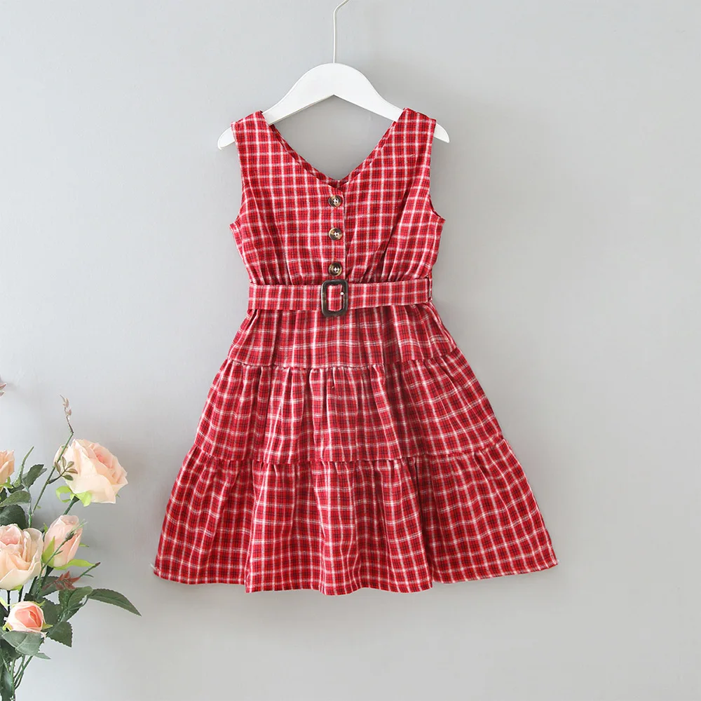 

Girls' Dress 2021 Summer Cotton V-Neck Plaid Vest Clothes Dress