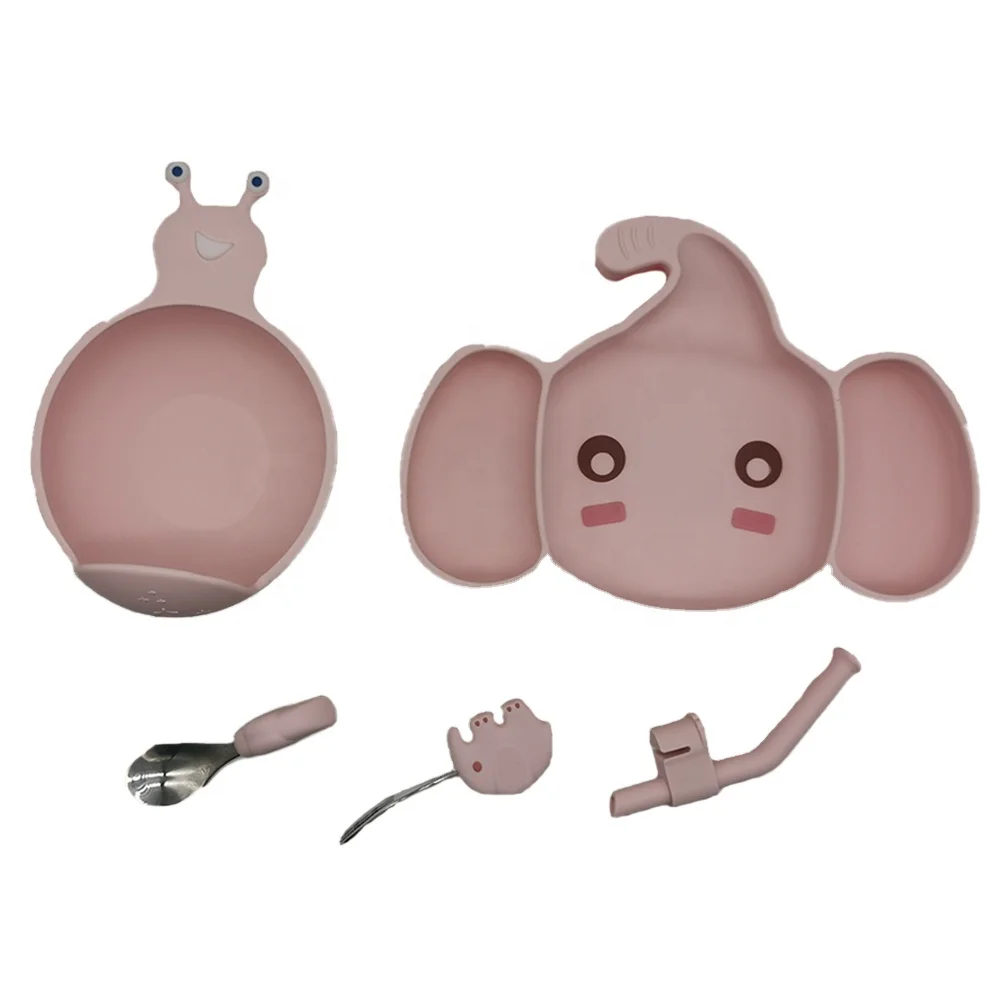 

Shape Food Grade Silicone Tableware High Quality Cartoon for Baby 5-piece Set 5 Pcs Tableware Set baby plate silicone